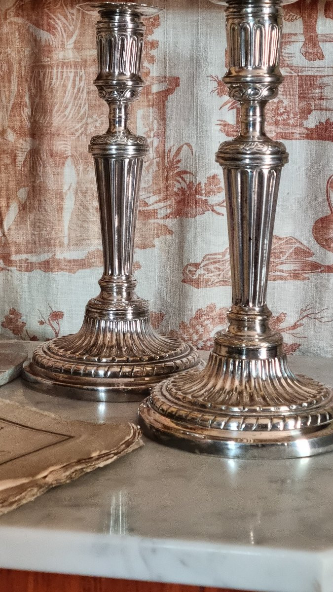 Pair Of Silver-plated Bronze Candlesticks And Flamel Holders, Louis XVI Period, 18th Century Metal -photo-6