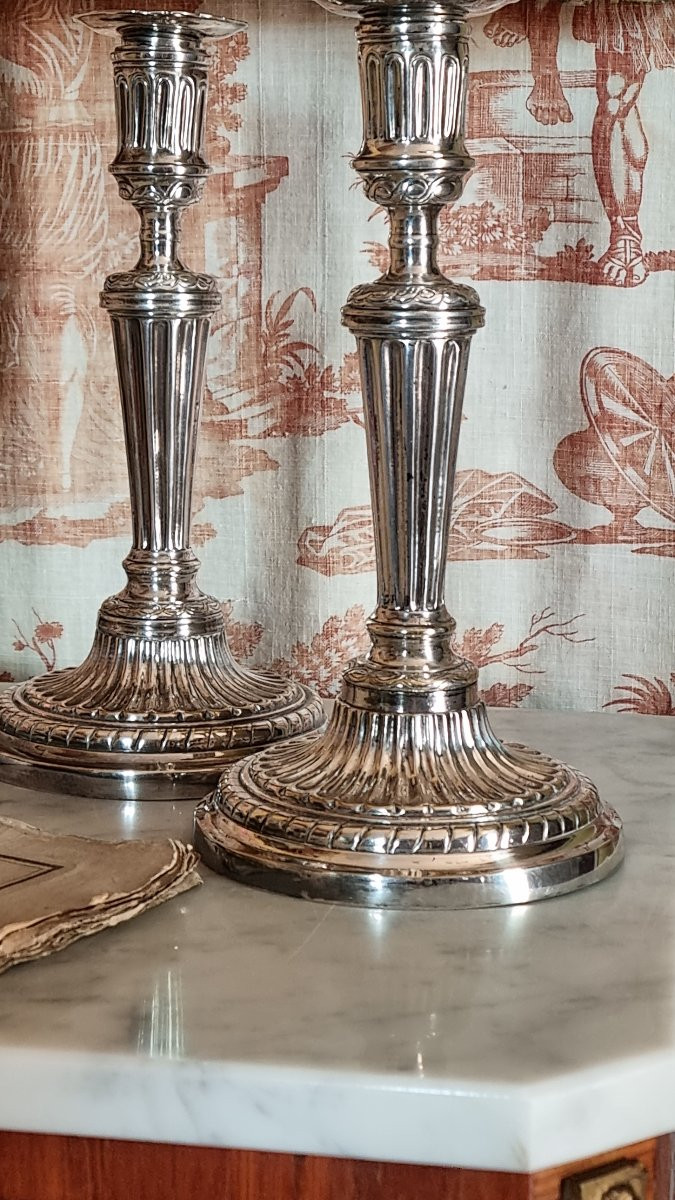 Pair Of Silver-plated Bronze Candlesticks And Flamel Holders, Louis XVI Period, 18th Century Metal -photo-7