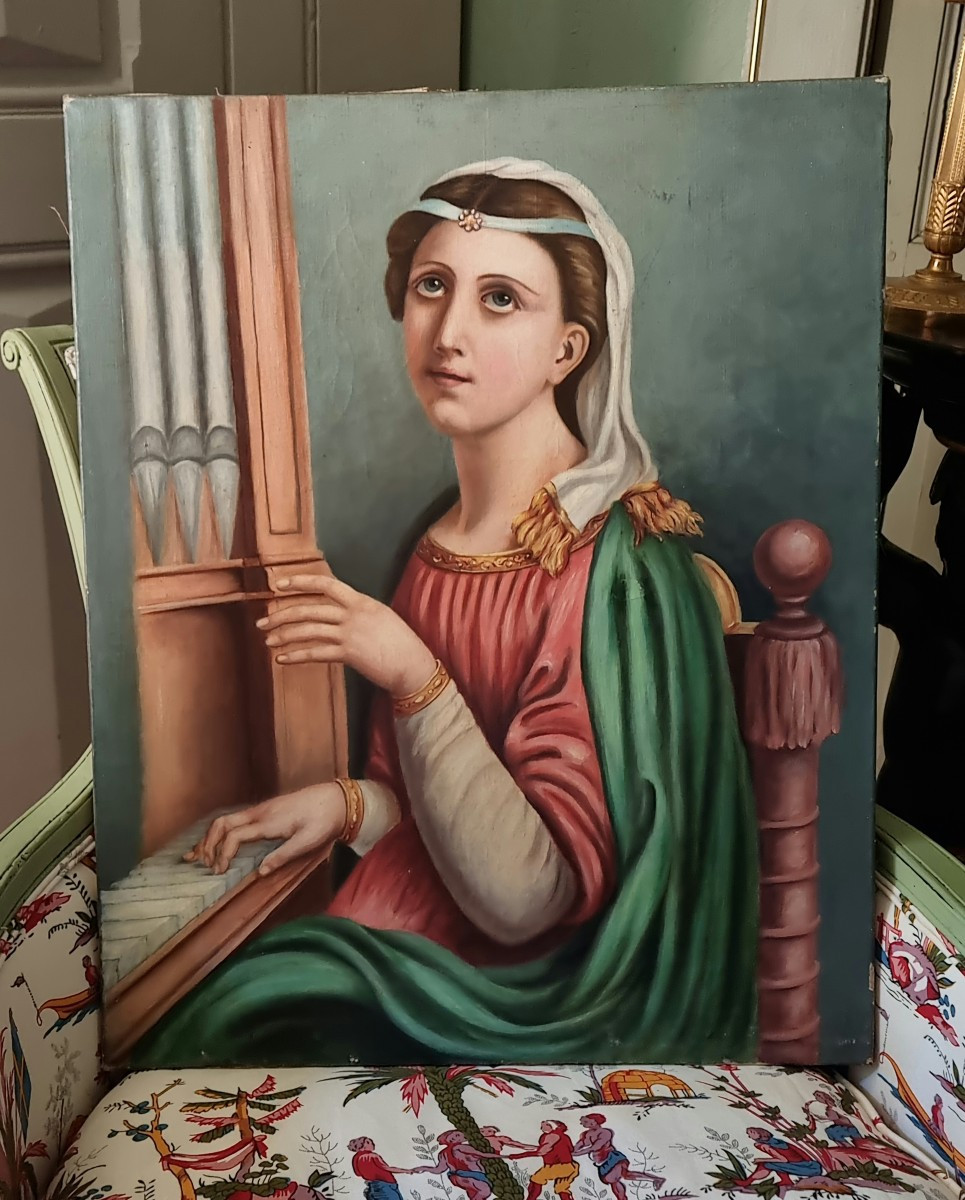 SAINT CÉCILE HUILE SUR TOILE ÉCOLE FRANÇAISE FIN XIXe MUSIQUE 