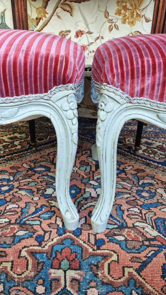PAIRE DE TABOURETS EN BOIS PEINT DE STYLE LOUIS XV TISSU PIERRE FREY-photo-8