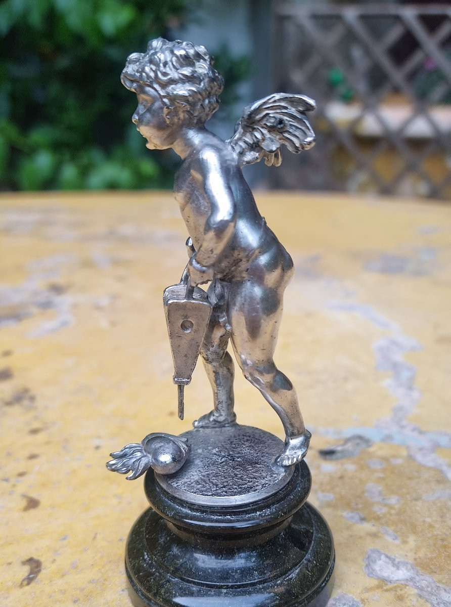 Cupid Blowing On Hearts Silvered Bronze Putto Love Angel-photo-2