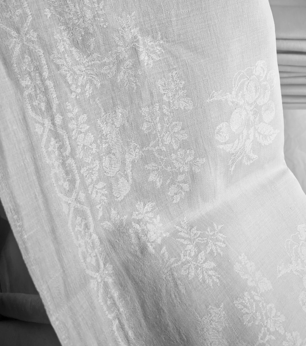 Damask And Embroidered Linen Table Set Circa 1900 Tablecloth 4.65 Met 12 Napkins -photo-3