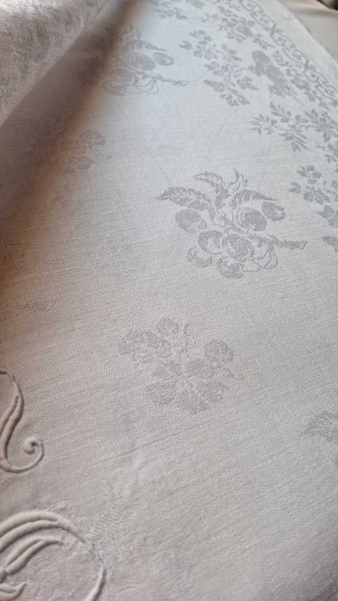 Damask And Embroidered Linen Table Set Circa 1900 Tablecloth 4.65 Met 12 Napkins -photo-4