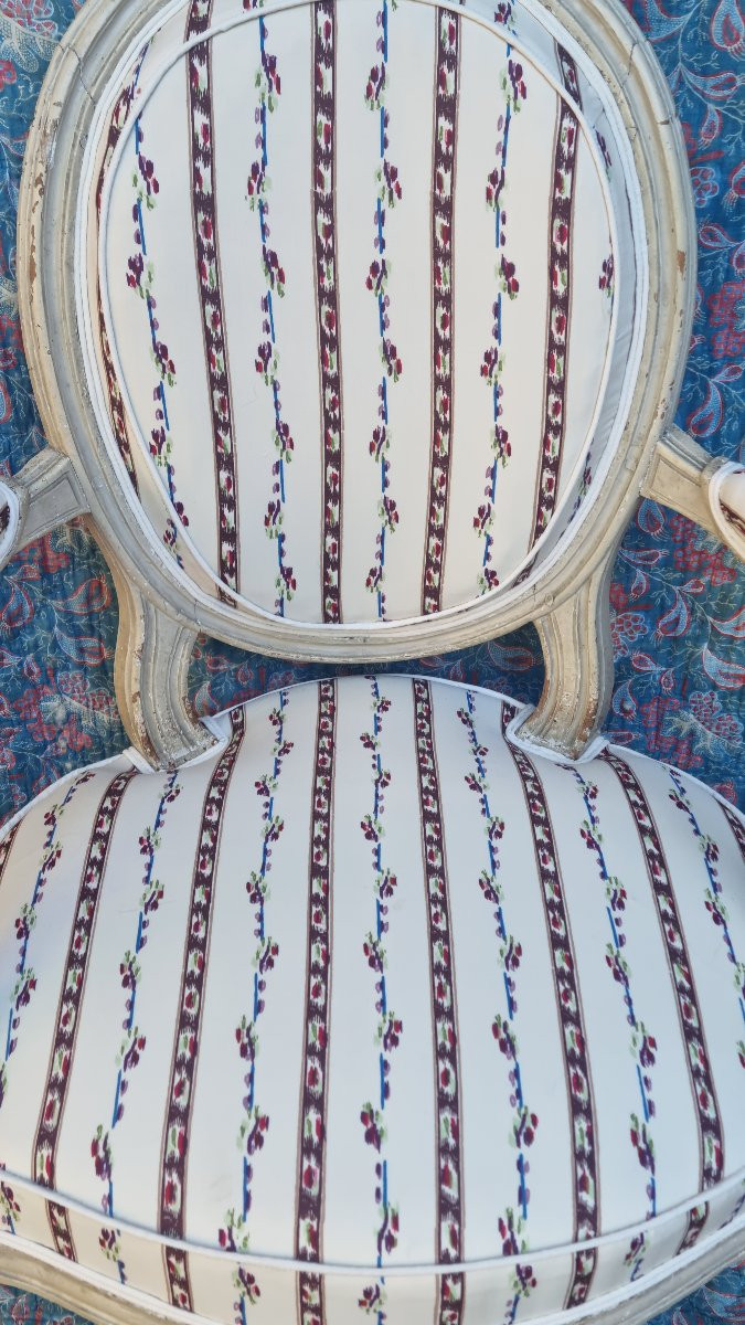 FAUTEUIL CABRIOLET ESTAMPILLÉ PLUVINET ÉPOQUE LOUIS XVI TISSU LE MANACH-photo-2