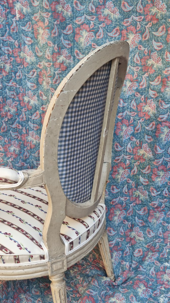 FAUTEUIL CABRIOLET ESTAMPILLÉ PLUVINET ÉPOQUE LOUIS XVI TISSU LE MANACH-photo-4