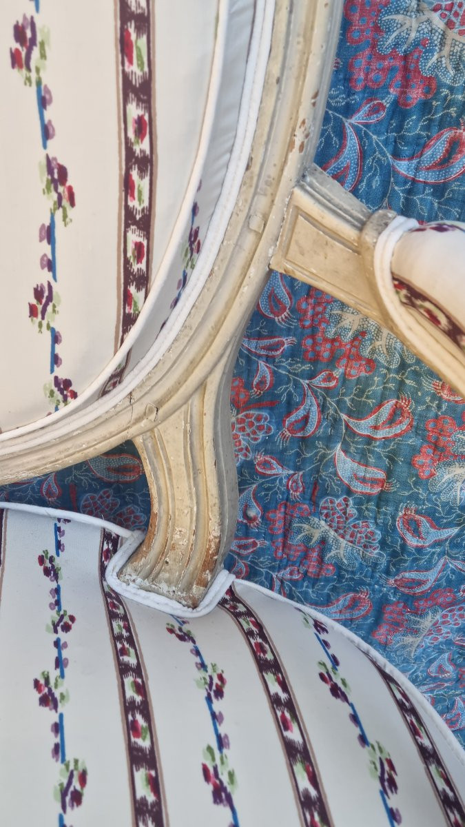 FAUTEUIL CABRIOLET ESTAMPILLÉ PLUVINET ÉPOQUE LOUIS XVI TISSU LE MANACH-photo-6