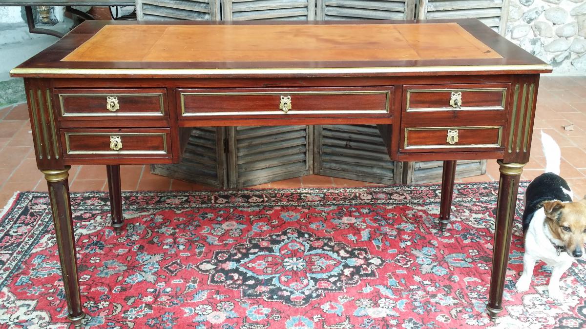 Mahogany Bureau Plat And Brass Louis XVI Style Napoleon III Period-photo-5