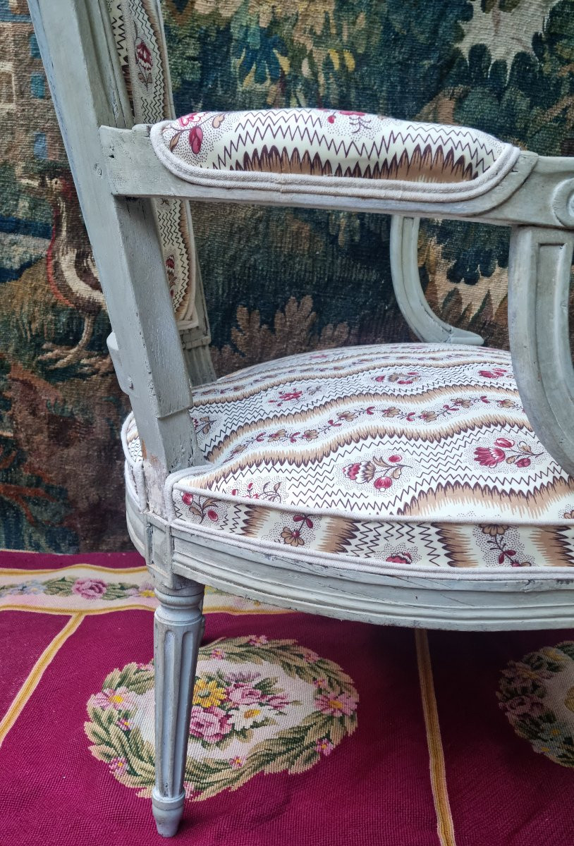 FAUTEUIL CABRIOLET ESTAMPILLÉ ANTOINE GAILLARD ÉPOQUE LOUIS XVI TISSU LE MANACH-photo-5