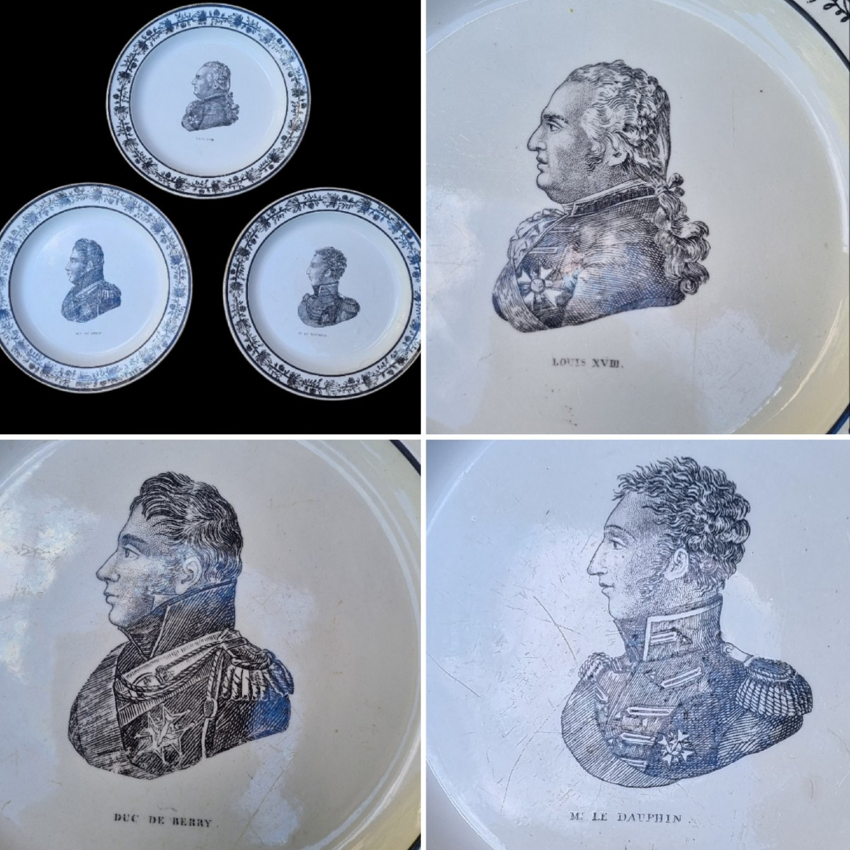 SERIE DE TROIS ASSIETTES FAÏENCE FINE CHOISY LE ROI ROYALISTE LOUIS XVIII ANGOULEME BERRY DUC