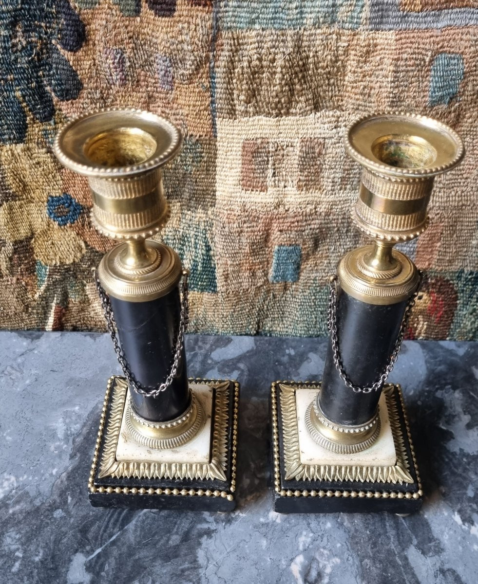 PAIRE DE BOUGEOIRS BRONZE DORÉ ET MARBRE ÉPOQUE LOUIS XVI-photo-2