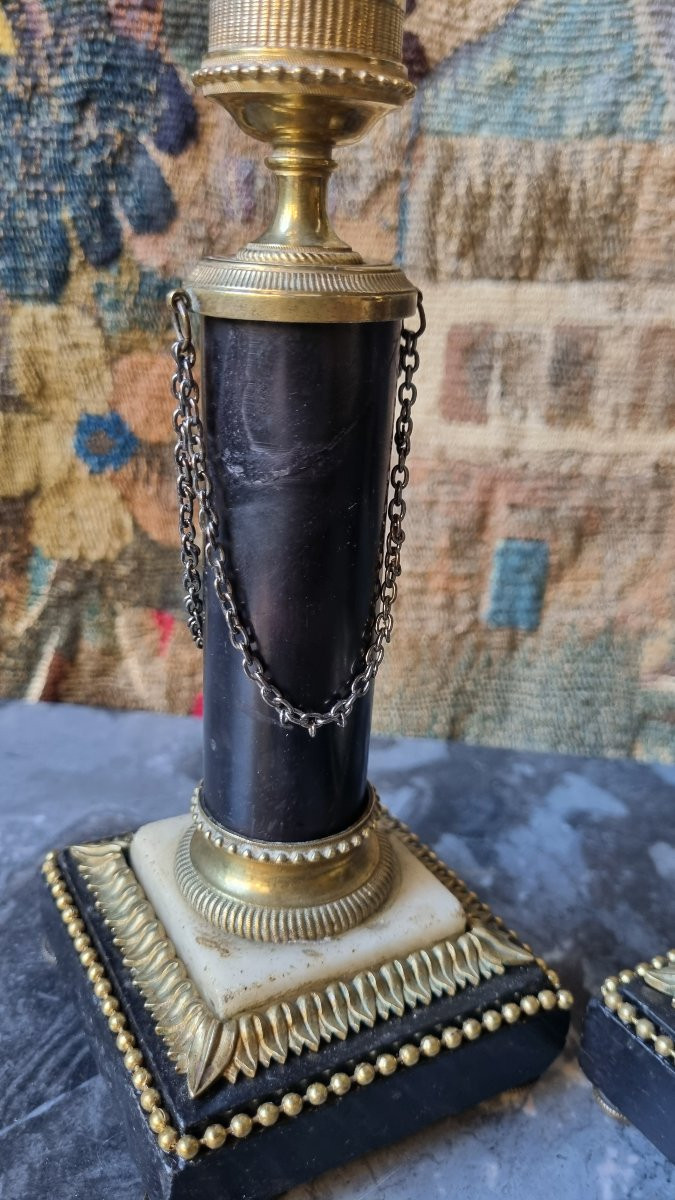 PAIRE DE BOUGEOIRS BRONZE DORÉ ET MARBRE ÉPOQUE LOUIS XVI-photo-3