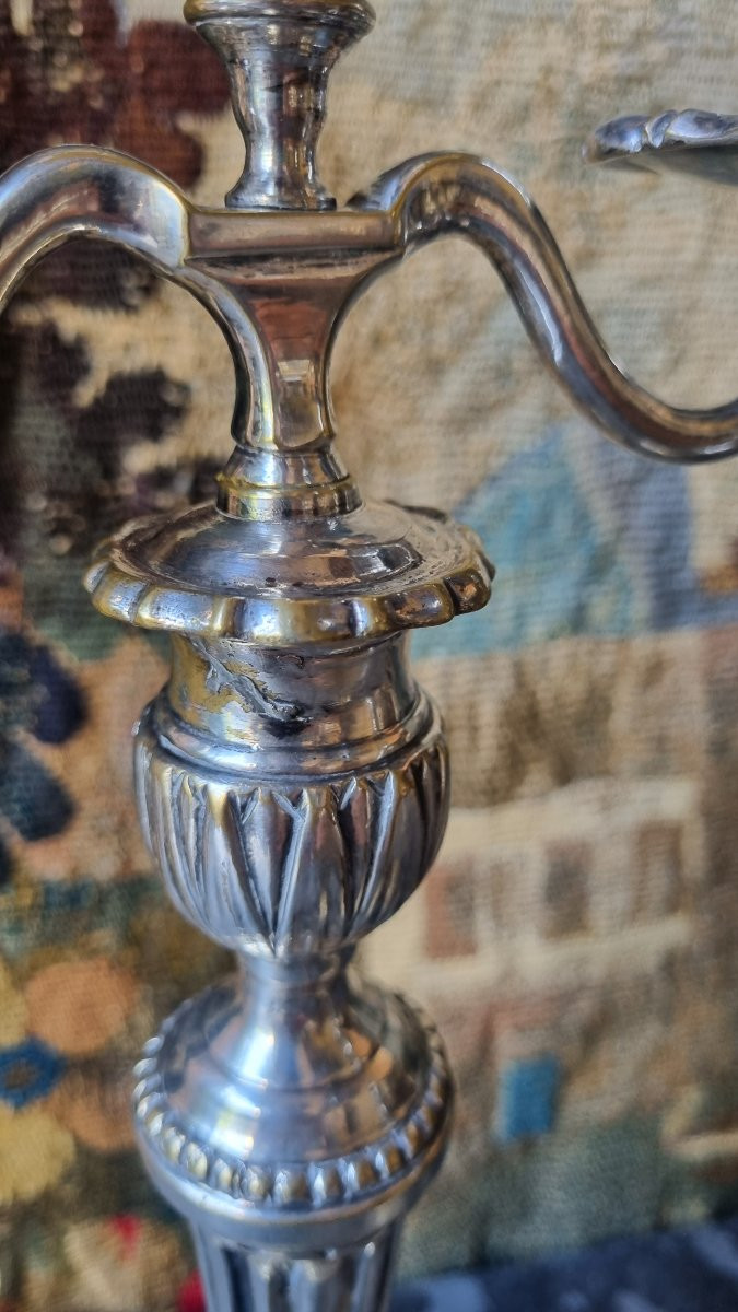 Pair Of Two-light Silver-plated Candlesticks, Louis XVI Period, 18th Century-photo-4