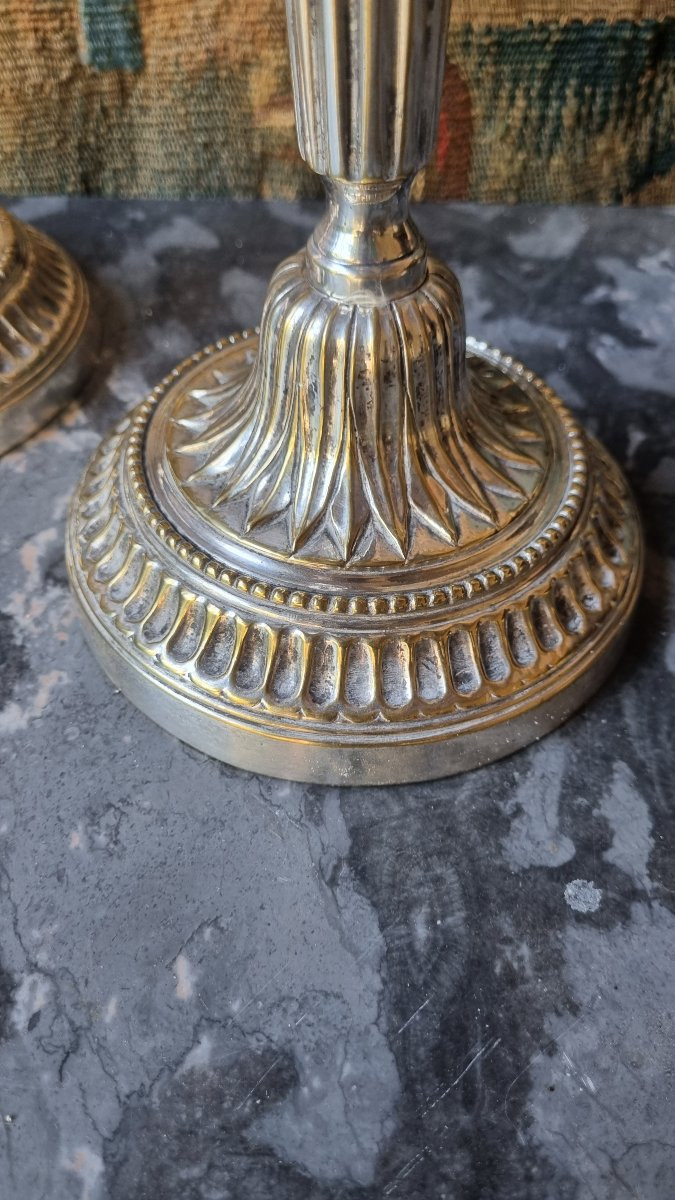 Pair Of Two-light Silver-plated Candlesticks, Louis XVI Period, 18th Century-photo-1