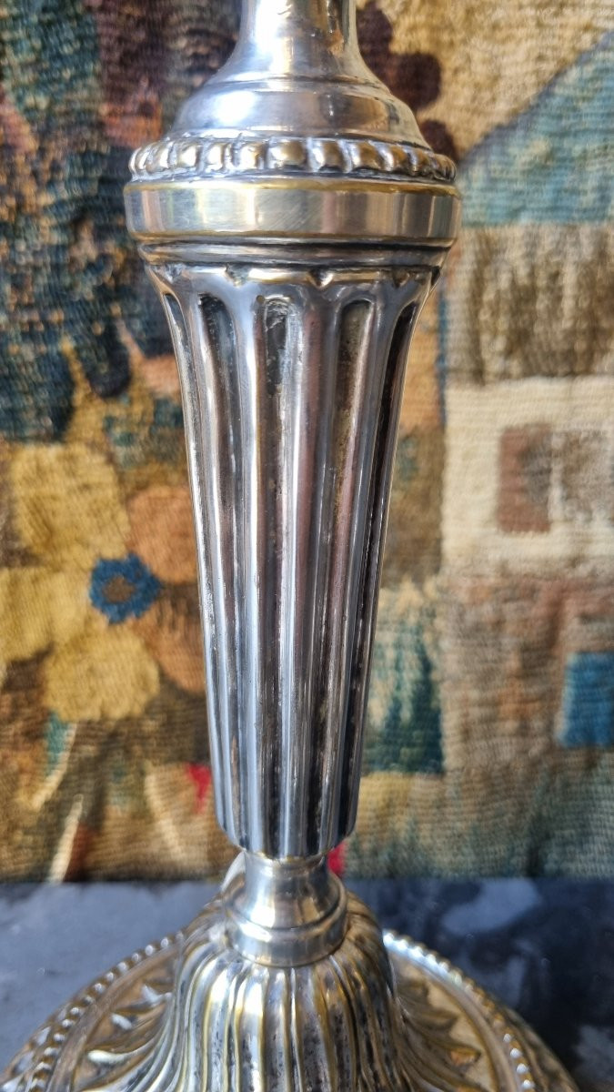 Pair Of Two-light Silver-plated Candlesticks, Louis XVI Period, 18th Century-photo-2