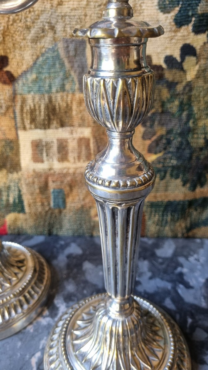 Pair Of Two-light Silver-plated Candlesticks, Louis XVI Period, 18th Century-photo-3