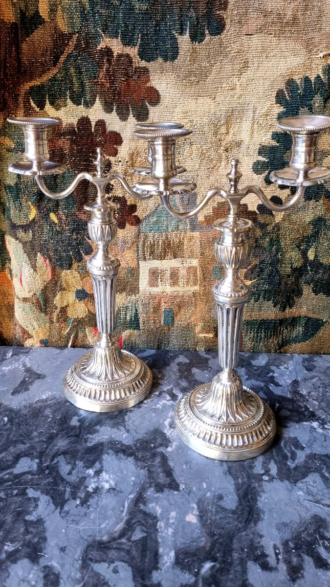 Pair Of Two-light Silver-plated Candlesticks, Louis XVI Period, 18th Century