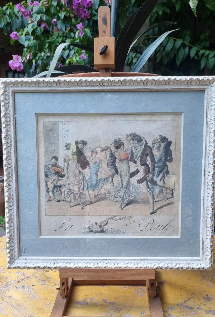 GRAVURE DANSE BALLET SATIRE QUADRILLE LA POULE VERS 1815 ÉPOQUE EMPIRE