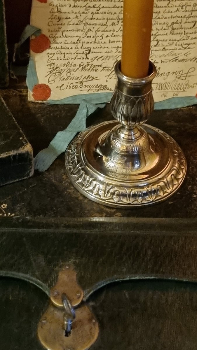 Writing Candle Holder With Marquis Crown Coat Of Arms Silver-plated Metal 18th Regence Period -photo-3