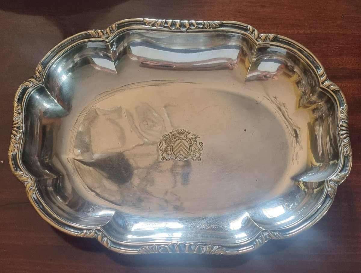 BANNETTE CORBEILLE PLAT CREUX MÉTAL ARGENTÉ ARMOIRIES COURONNE COMTALE ÉPOQUE NAPOLÉON III -photo-2