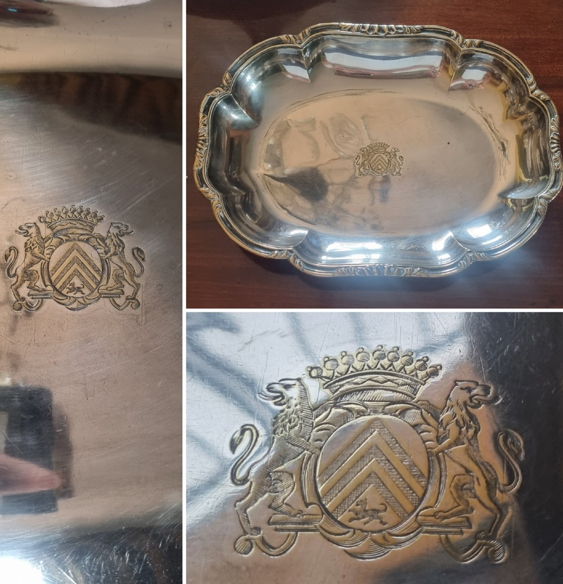 BANNETTE CORBEILLE PLAT CREUX MÉTAL ARGENTÉ ARMOIRIES COURONNE COMTALE ÉPOQUE NAPOLÉON III 
