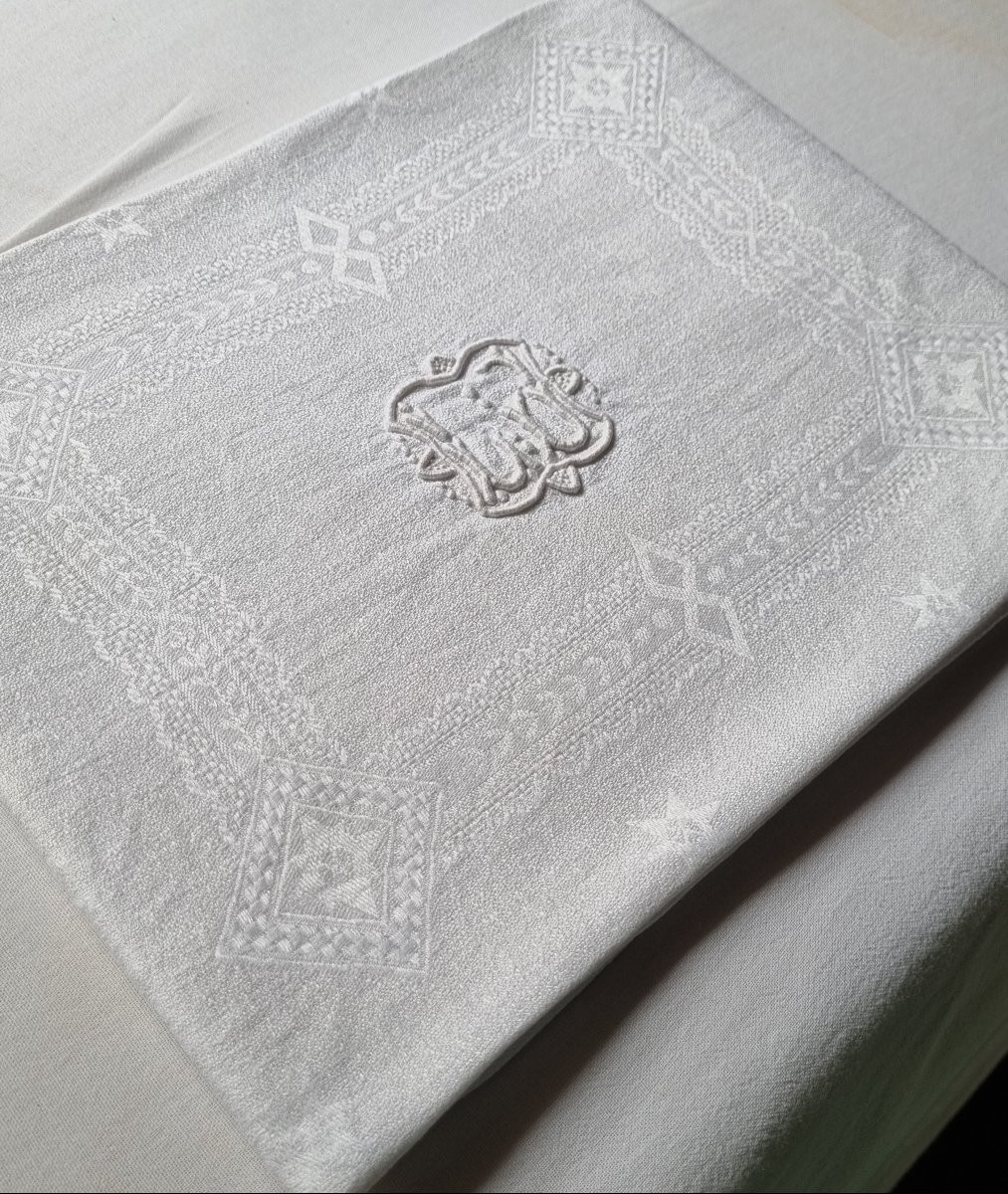 Set Of 10 Napkins In Linen Damask And Embroidered Thread, Early 20th Century-photo-4