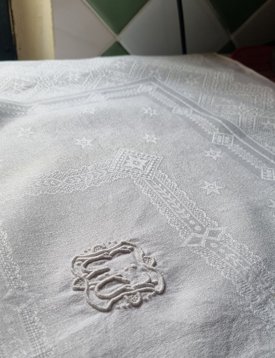 Set Of 10 Napkins In Linen Damask And Embroidered Thread, Early 20th Century-photo-1