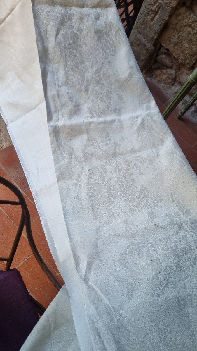 SERVICE DE TABLE NAPPE 5,50 M.ET 18 SERVIETTES EN LIN DAMASSÉ ÉPOQUE NAPOLÉON III -photo-8