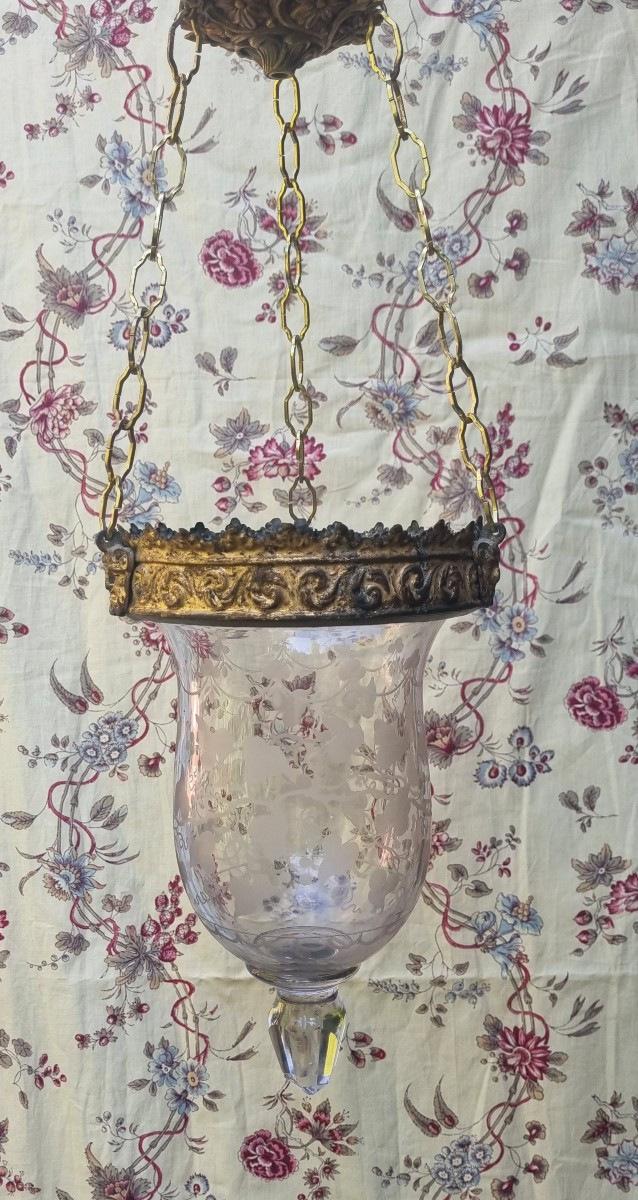 LANTERNE DE VESTIBULE PETIT LUSTRE  CRISTAL GRAVÉ EPOQUE NAPOLEON III