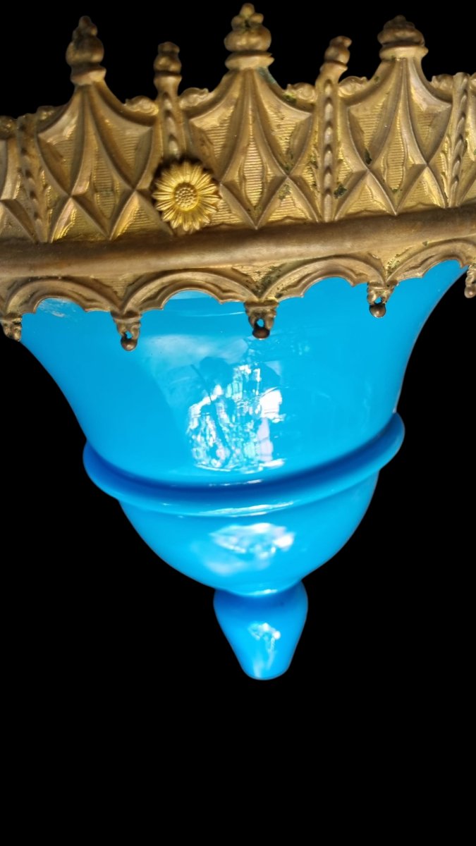 LANTERNE DE VESTIBULE PETIT LUSTRE RN OPALINE BLEUE  ÉPOQUE NAPOLÉON III -photo-2