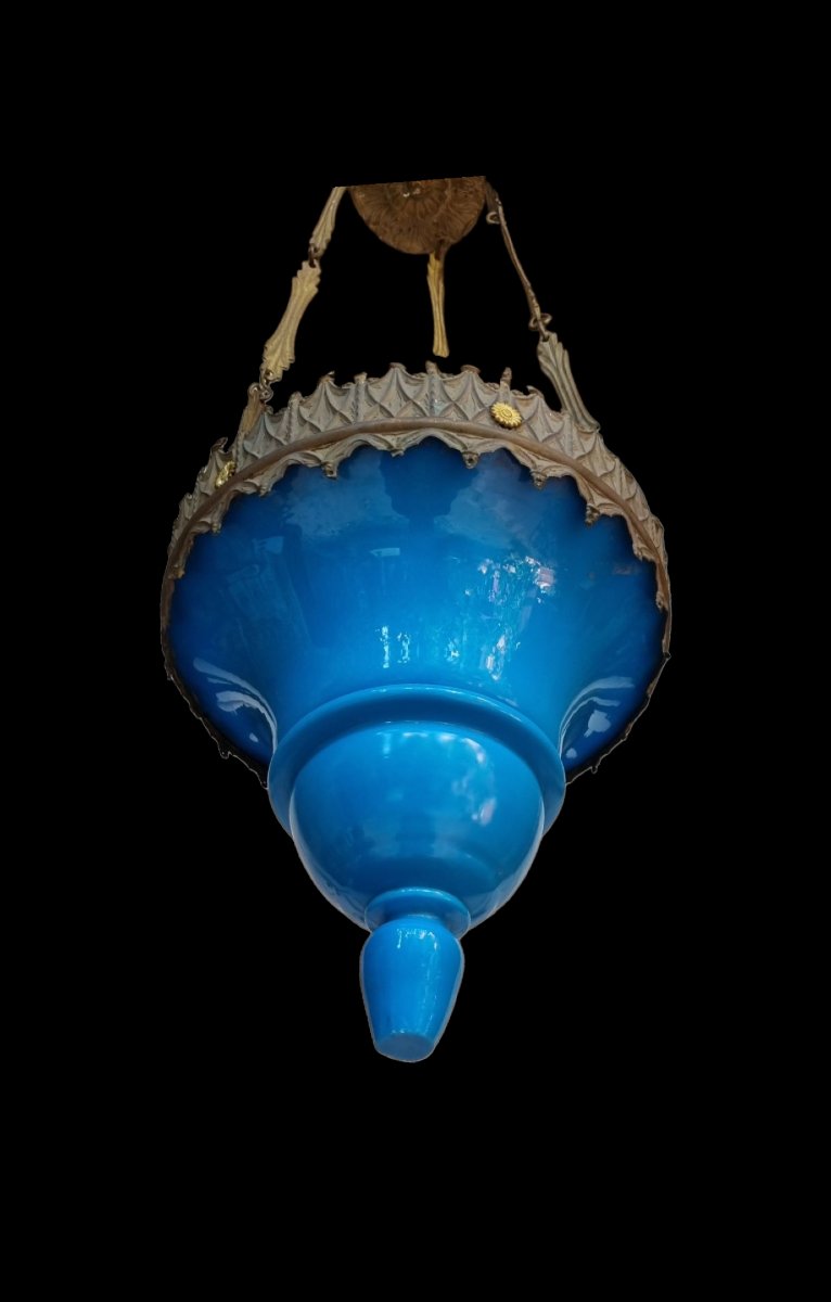 LANTERNE DE VESTIBULE PETIT LUSTRE RN OPALINE BLEUE  ÉPOQUE NAPOLÉON III -photo-3