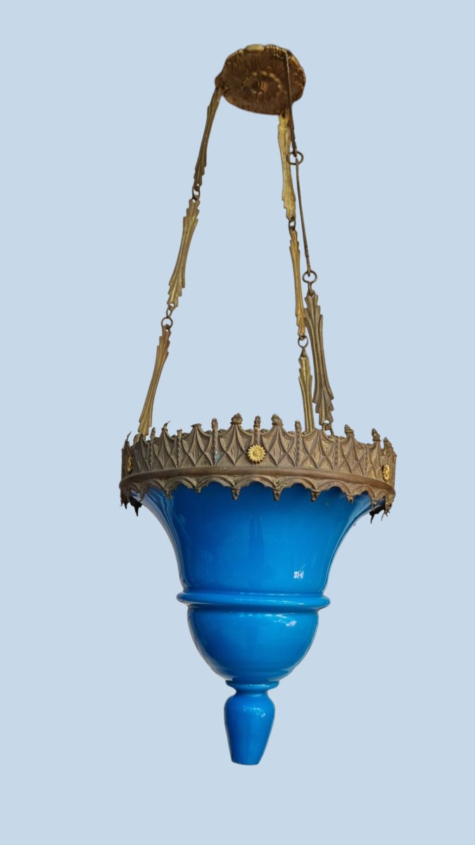 LANTERNE DE VESTIBULE PETIT LUSTRE RN OPALINE BLEUE  ÉPOQUE NAPOLÉON III -photo-2