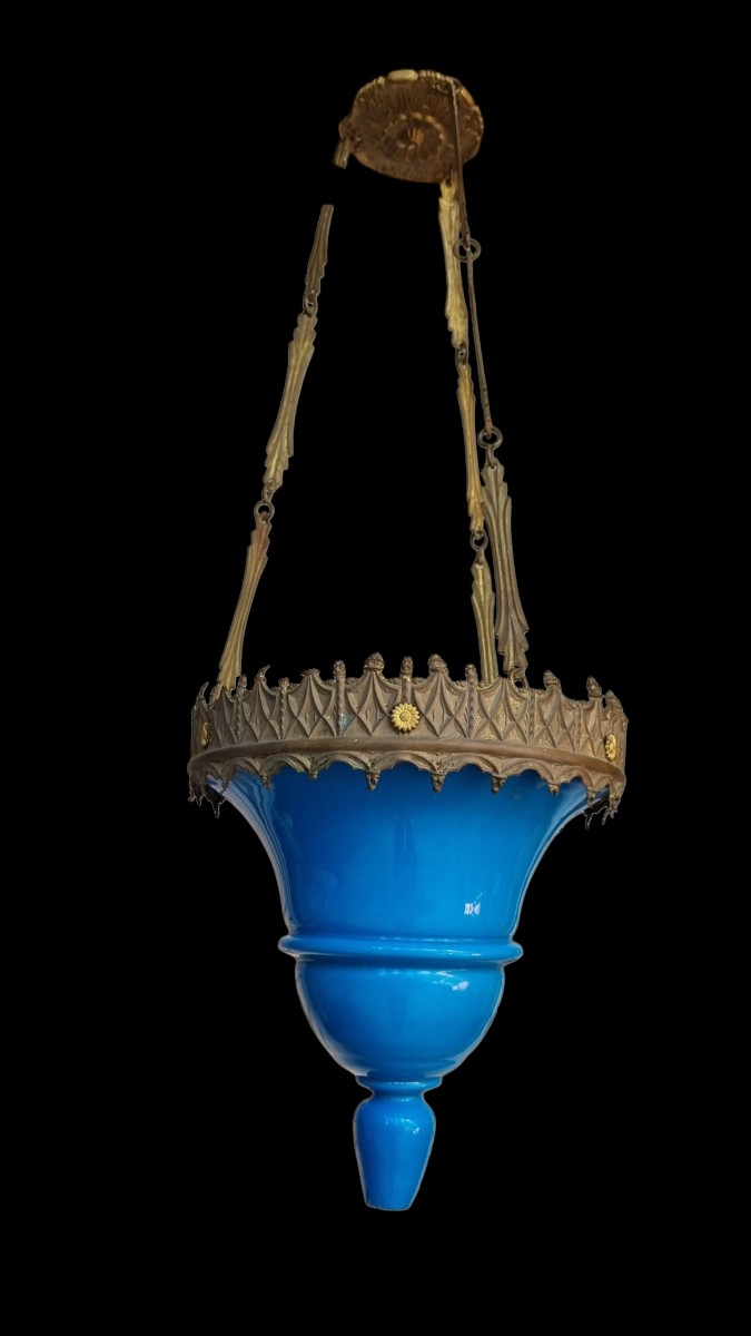 LANTERNE DE VESTIBULE PETIT LUSTRE RN OPALINE BLEUE  ÉPOQUE NAPOLÉON III 