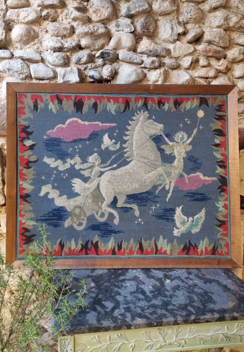 TAPISSERIE AU GROS POINT vers 1950/1960 RÉALISÉE À LA MAIN CHAR CHEVAL ONIRIQUE MYTHOLOGIE-photo-3