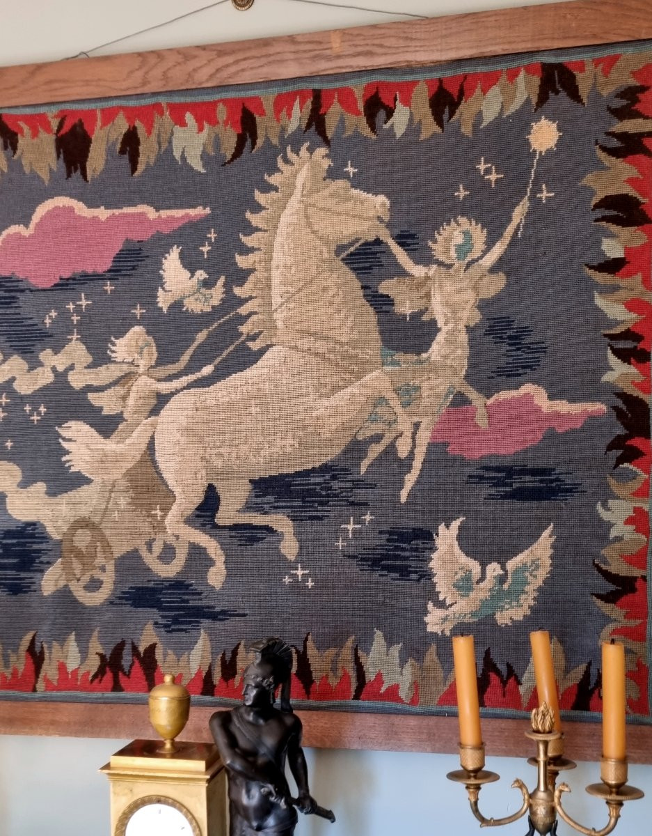 TAPISSERIE AU GROS POINT vers 1950/1960 RÉALISÉE À LA MAIN CHAR CHEVAL ONIRIQUE MYTHOLOGIE-photo-4