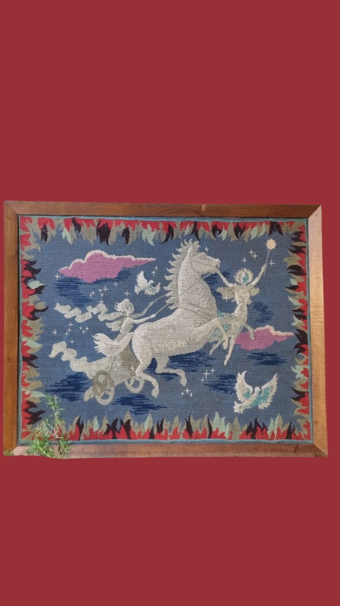 TAPISSERIE AU GROS POINT vers 1950/1960 RÉALISÉE À LA MAIN CHAR CHEVAL ONIRIQUE MYTHOLOGIE-photo-1