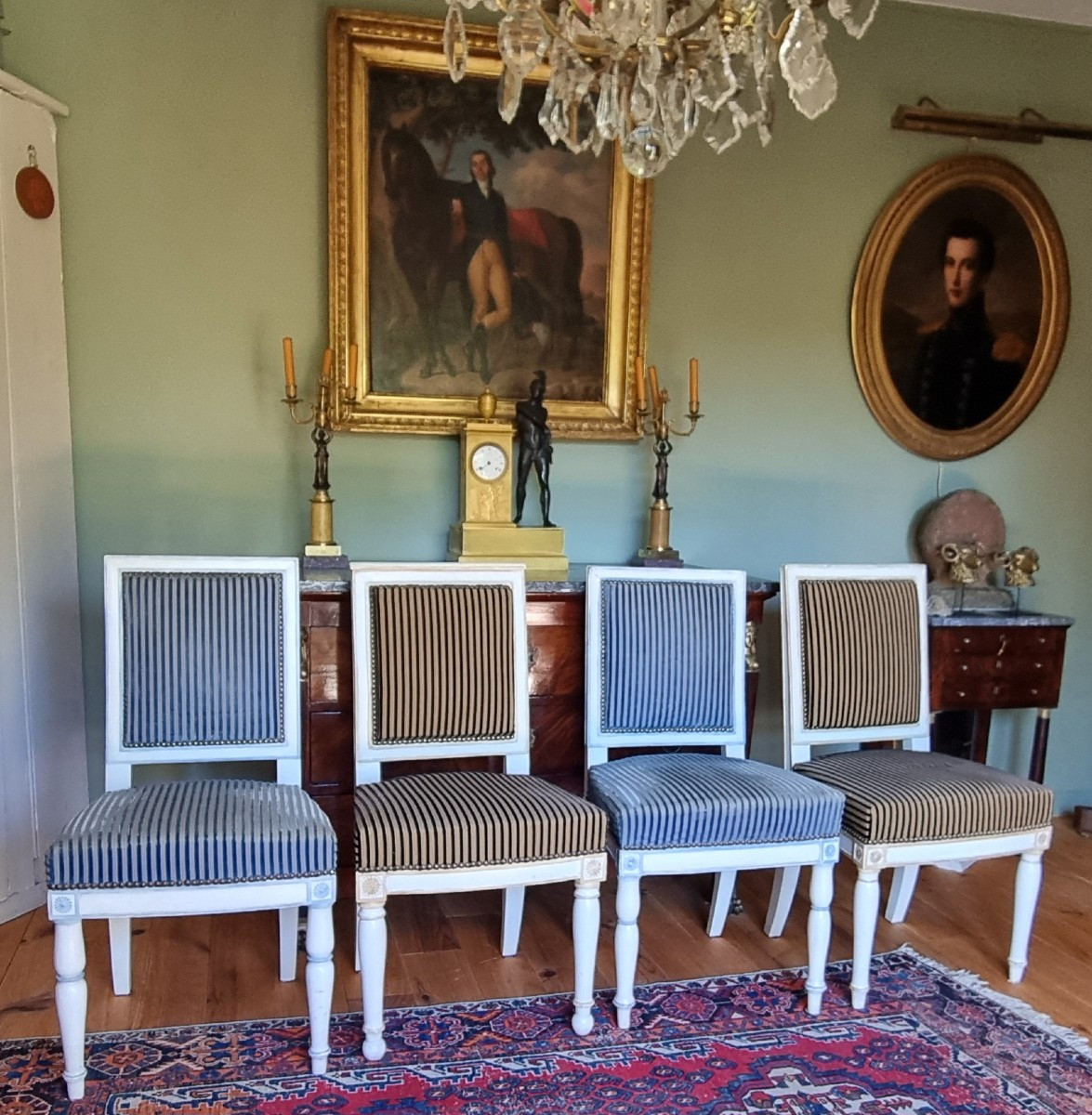 ENSEMBLE DE 4 CHAISES PROVENANCE ROYALE MARQUE DE CHATEAU ESTAMPILLE EPOQUE EMPIRE 