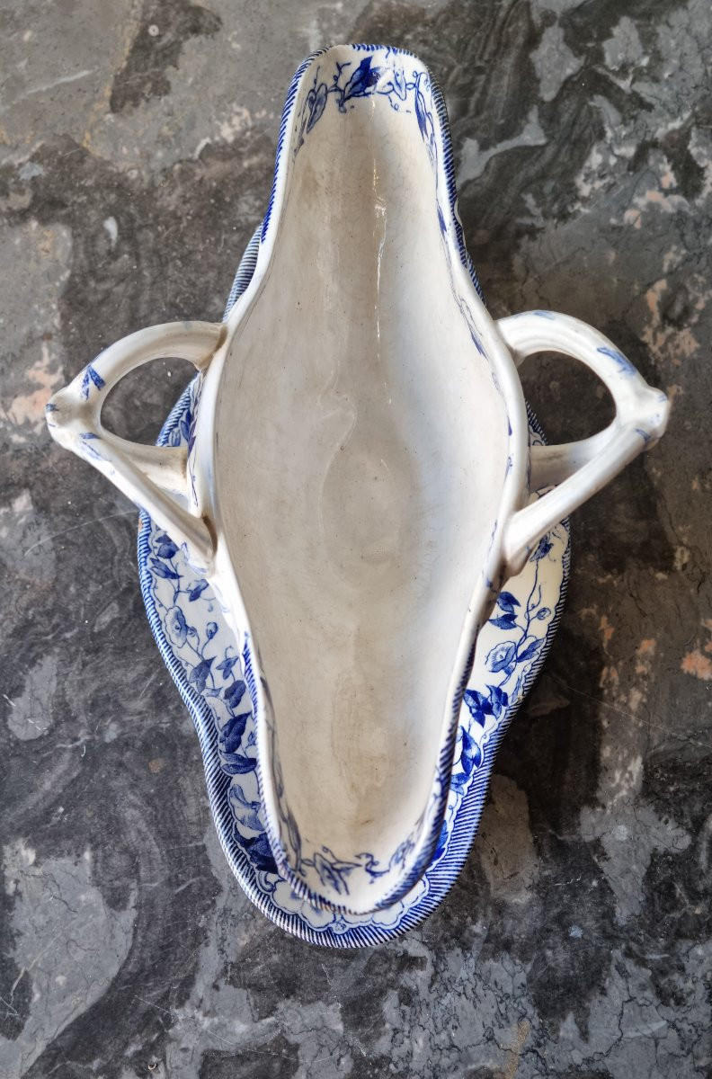 Two Fine Creil And Montereau Earthenware Sauce Boats, Flora Model-photo-4