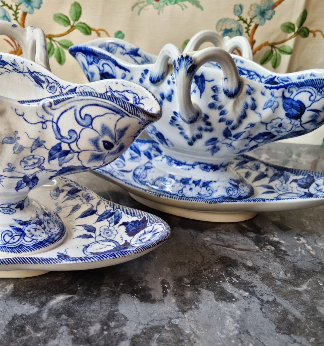 Two Fine Creil And Montereau Earthenware Sauce Boats, Flora Model