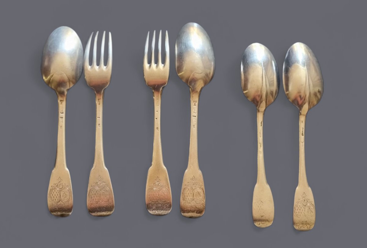 Set Of Solid Silver Cutlery, Farmers' Hallmark, Generals, 18th Century, Coat Of Arms -photo-2