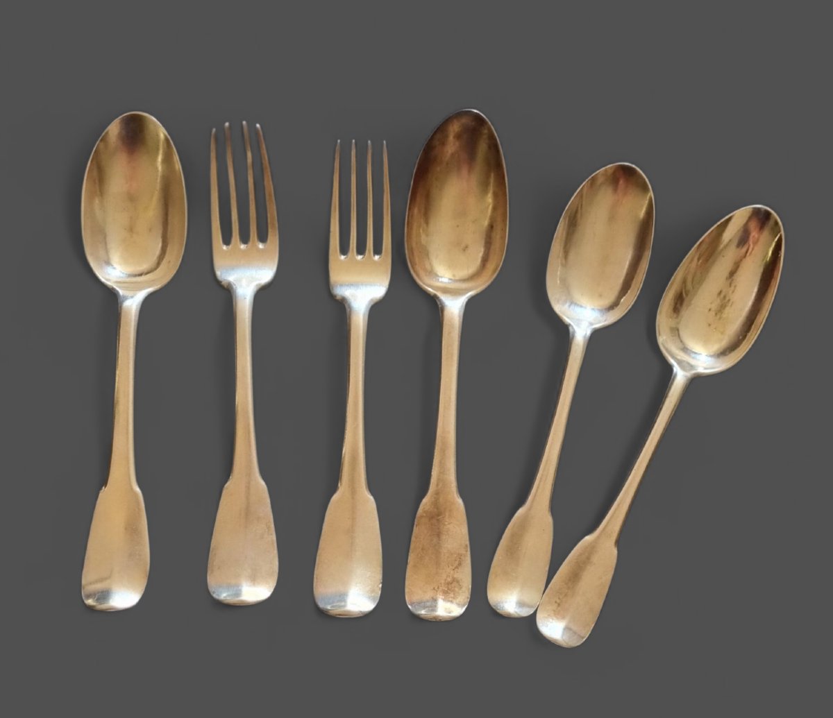 Set Of Solid Silver Cutlery, Farmers' Hallmark, Generals, 18th Century, Coat Of Arms -photo-3