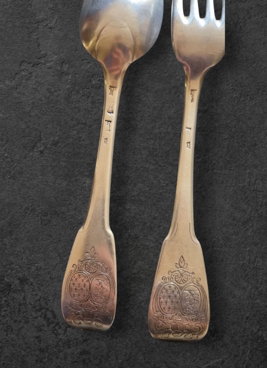 Set Of Solid Silver Cutlery, Farmers' Hallmark, Generals, 18th Century, Coat Of Arms -photo-7