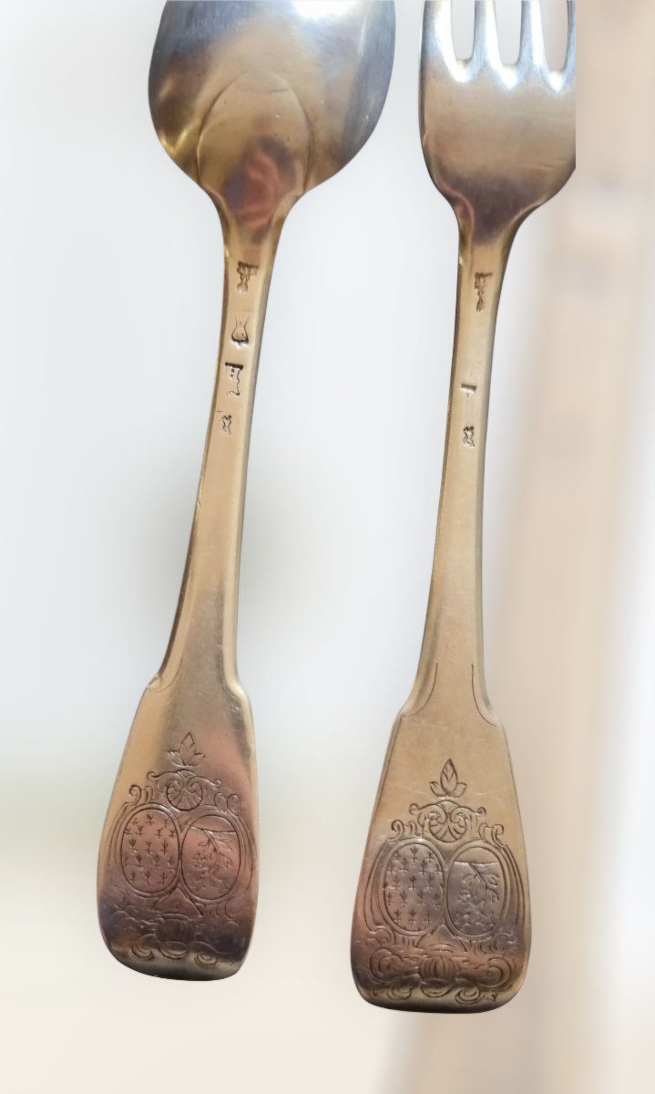 Set Of Solid Silver Cutlery, Farmers' Hallmark, Generals, 18th Century, Coat Of Arms -photo-8