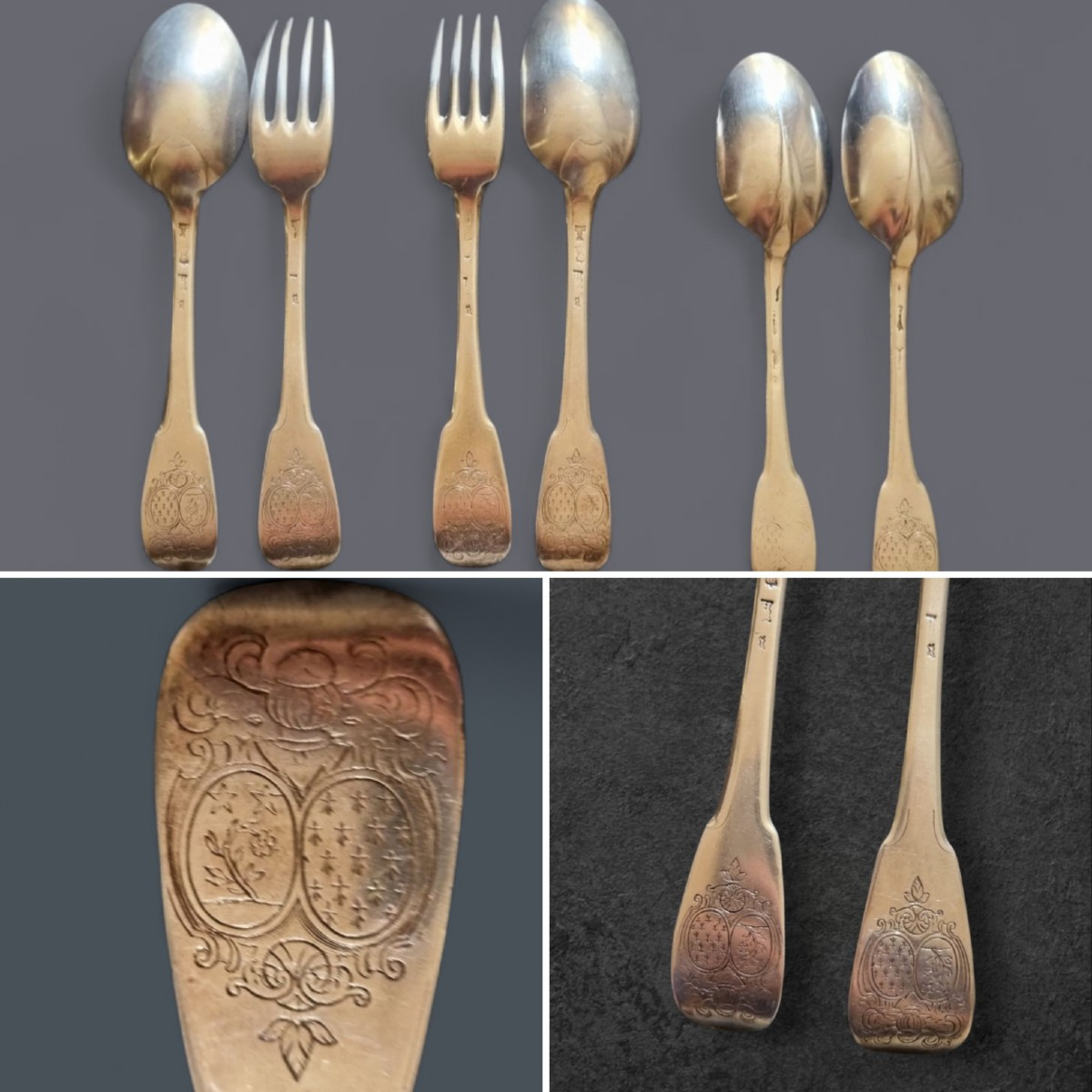 Set Of Solid Silver Cutlery, Farmers' Hallmark, Generals, 18th Century, Coat Of Arms 