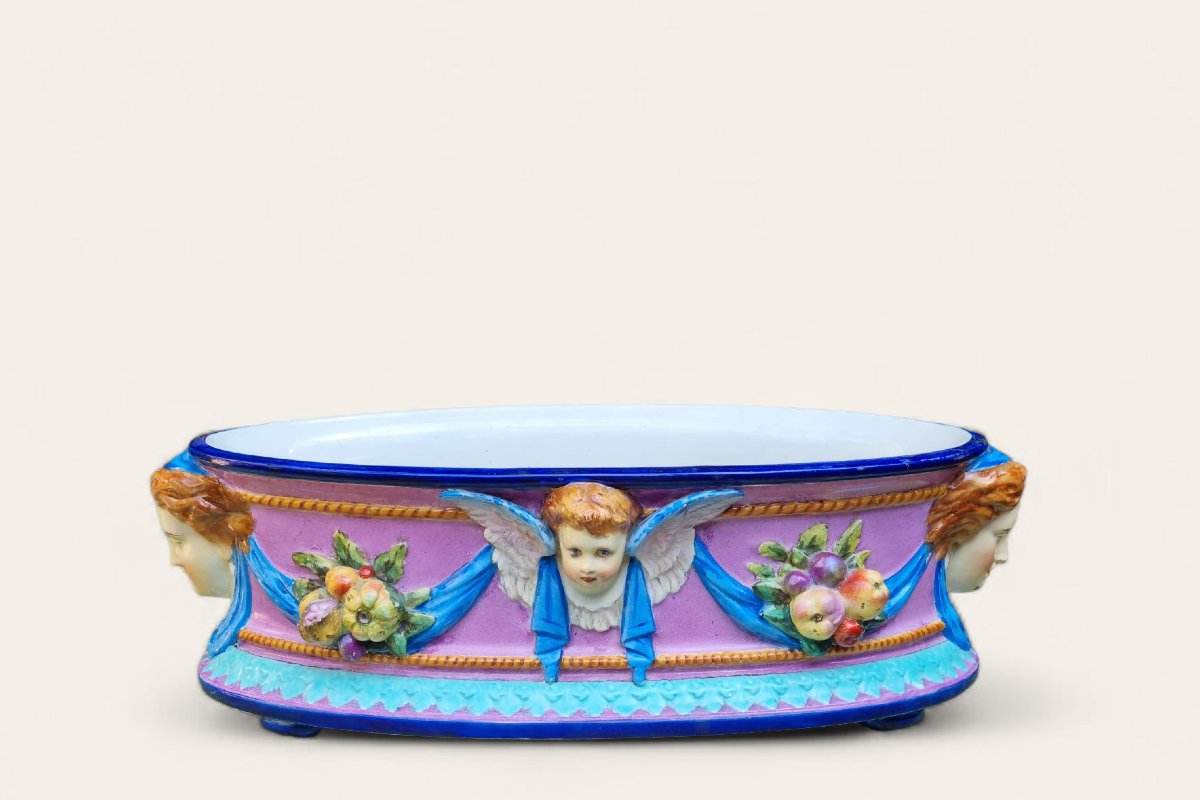 Jules Vieillard Bordeaux Earthenware Barbotine Planter Angel Centerpiece-photo-3