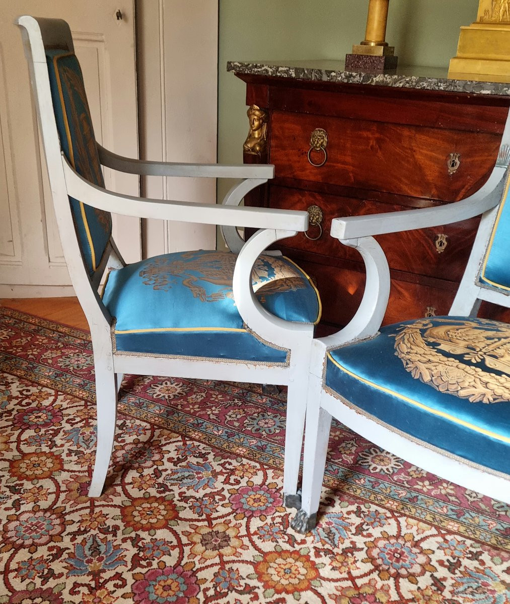 PAIRE DE FAUTEUILS D'OFFICIER EPOQUE CONSULAT EMPIRE SOIE-photo-4