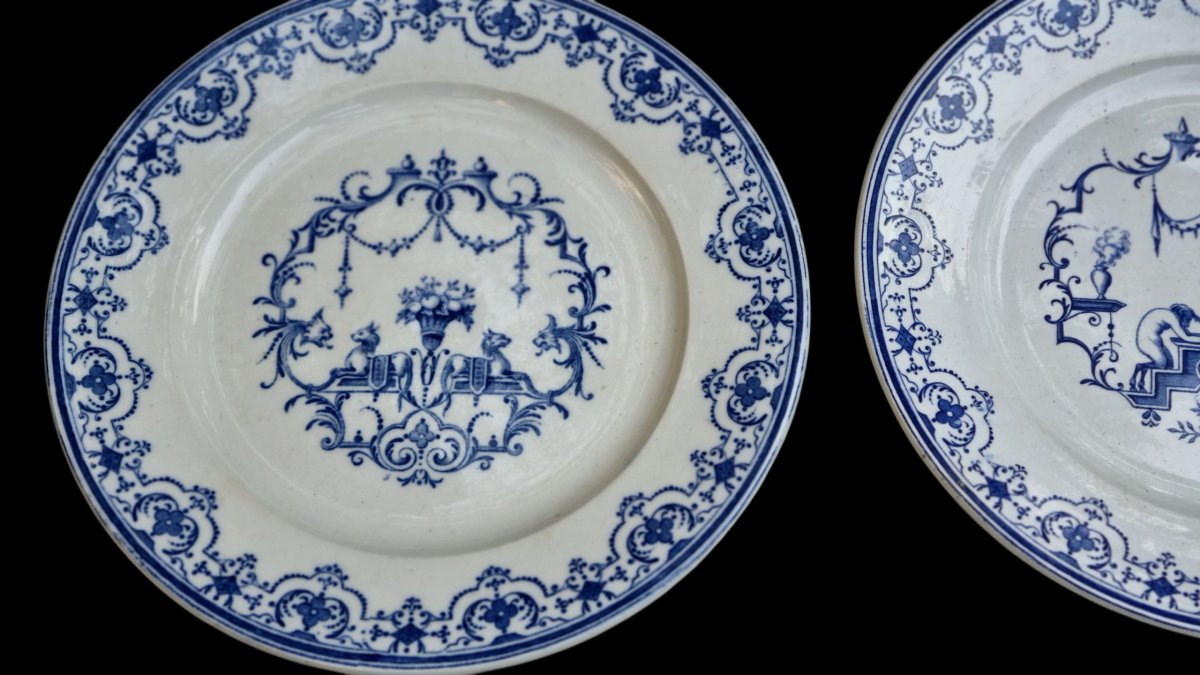 SERIE DE 6 ASSIETTES PLATES SERVICE MOUSTIERS EN FAIENCE DE BORDEAUX JULES VIEILLARD-photo-1
