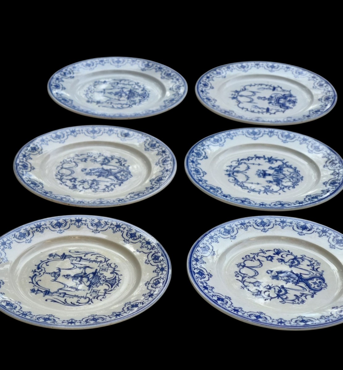 SERIE DE 6 ASSIETTES PLATES SERVICE MOUSTIERS EN FAIENCE DE BORDEAUX JULES VIEILLARD