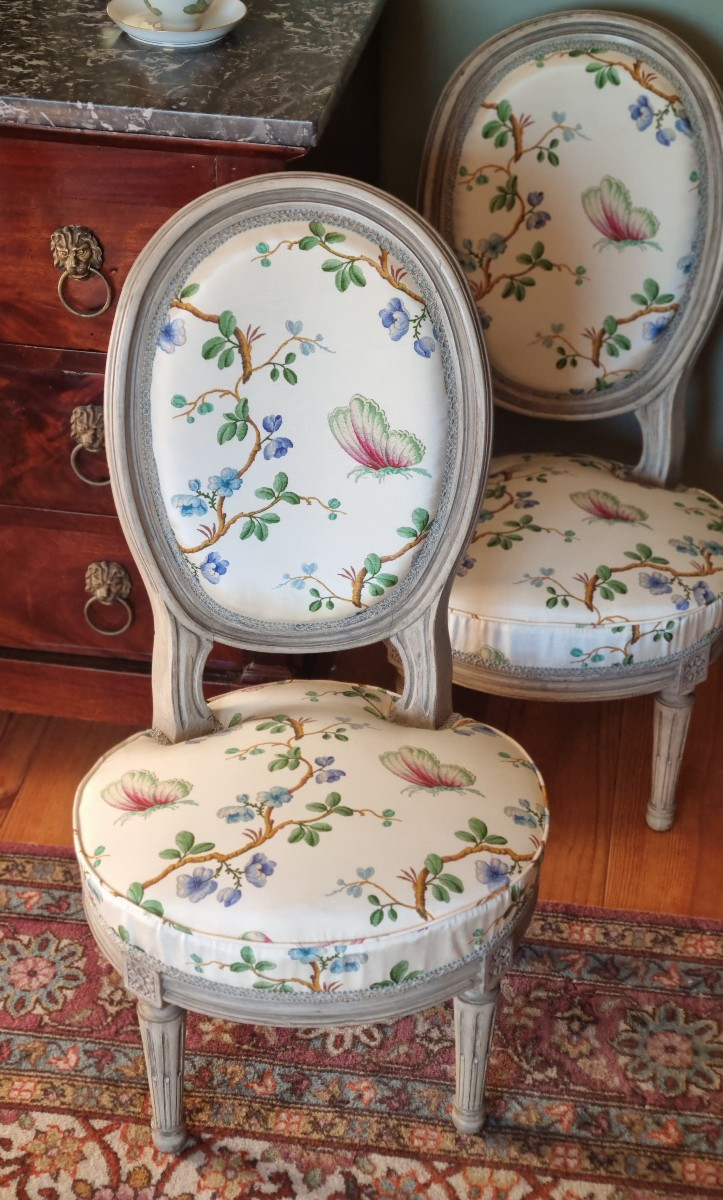 Pair Of Small Louis XVI Style Chairs By Pierre Frey Comoglio