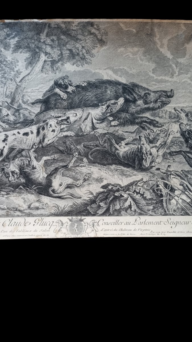 PAIRE GRAVURE D'APRÈS DESPORTES PAR JOULLAIN EPOQUE XVIIIe CHASSE CYNEGETIQUE SANGLIER  CHIEN-photo-7