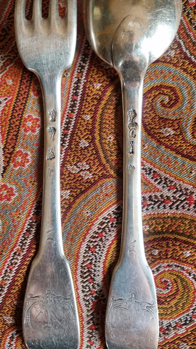 Solid Silver Covered Plate, Farmers General, Coat Of Arms, 18th Century, Single Plate, Fork, Spoon -photo-2